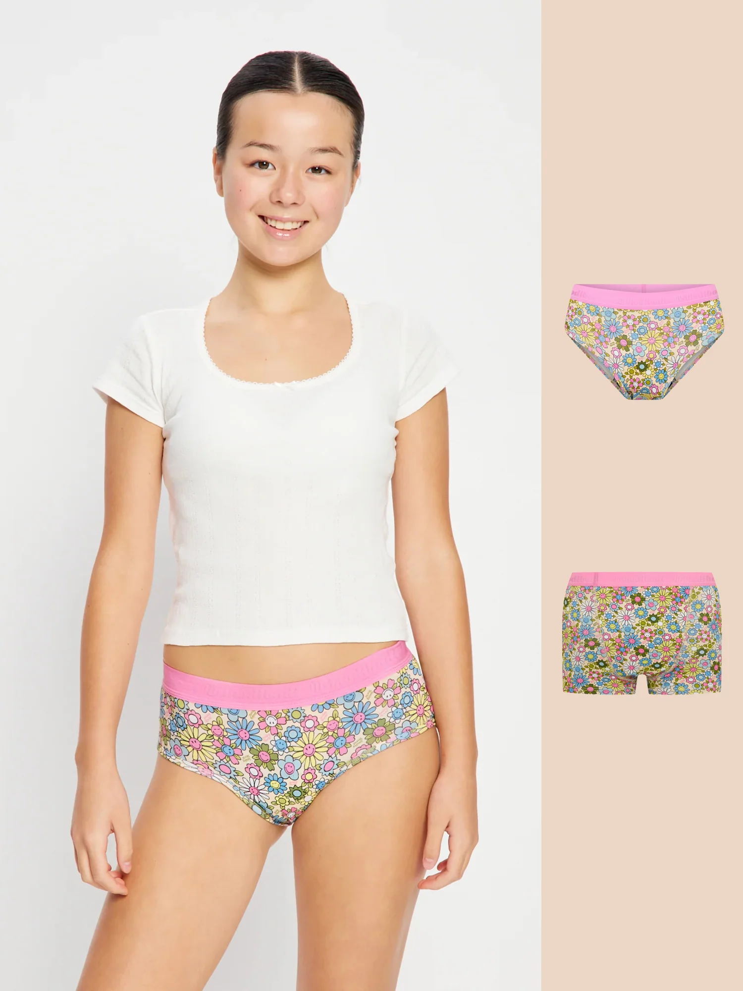 SmileyWorld® | Modibodi Teen Hipster Boyleg and Hipster Boyshort 2 Pack Bubbly Blossom Pink