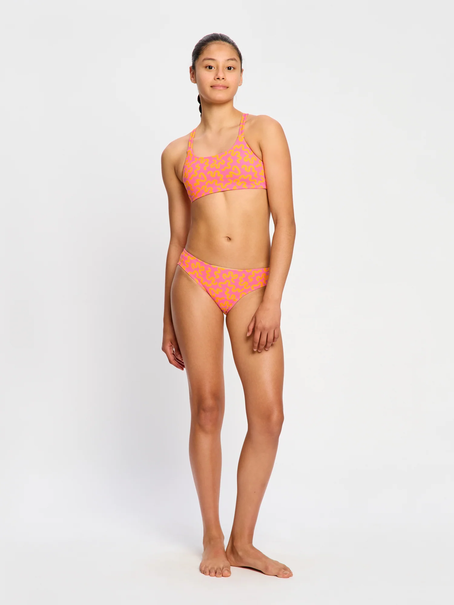 Teen Swimwear Cross Back Crop Top Wavy Pink