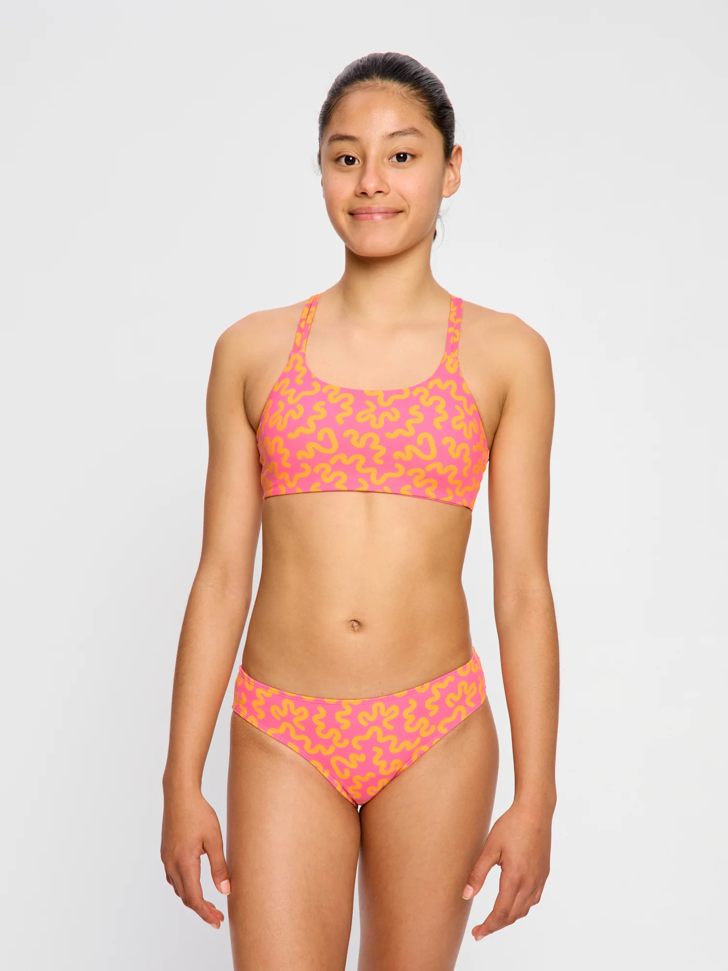 Teen Swimwear Cross Back Crop Top Wavy Pink - Image 5